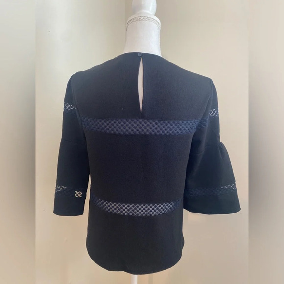 Maje Top Womens Crew Neck Three quarter Blouse Sheer Lace Overlay Sz UK 3 US L - Picture 3 of 6